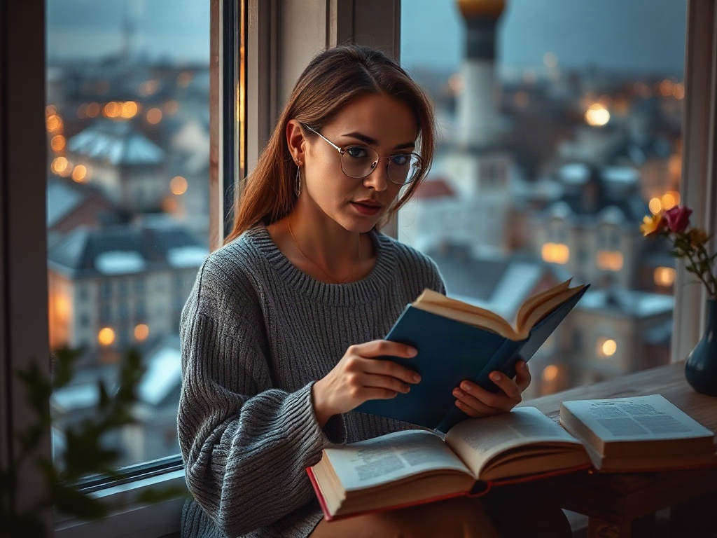 Девушка с книгой сидит у окна, за которым вечерний город с огнями и тихими улицами.